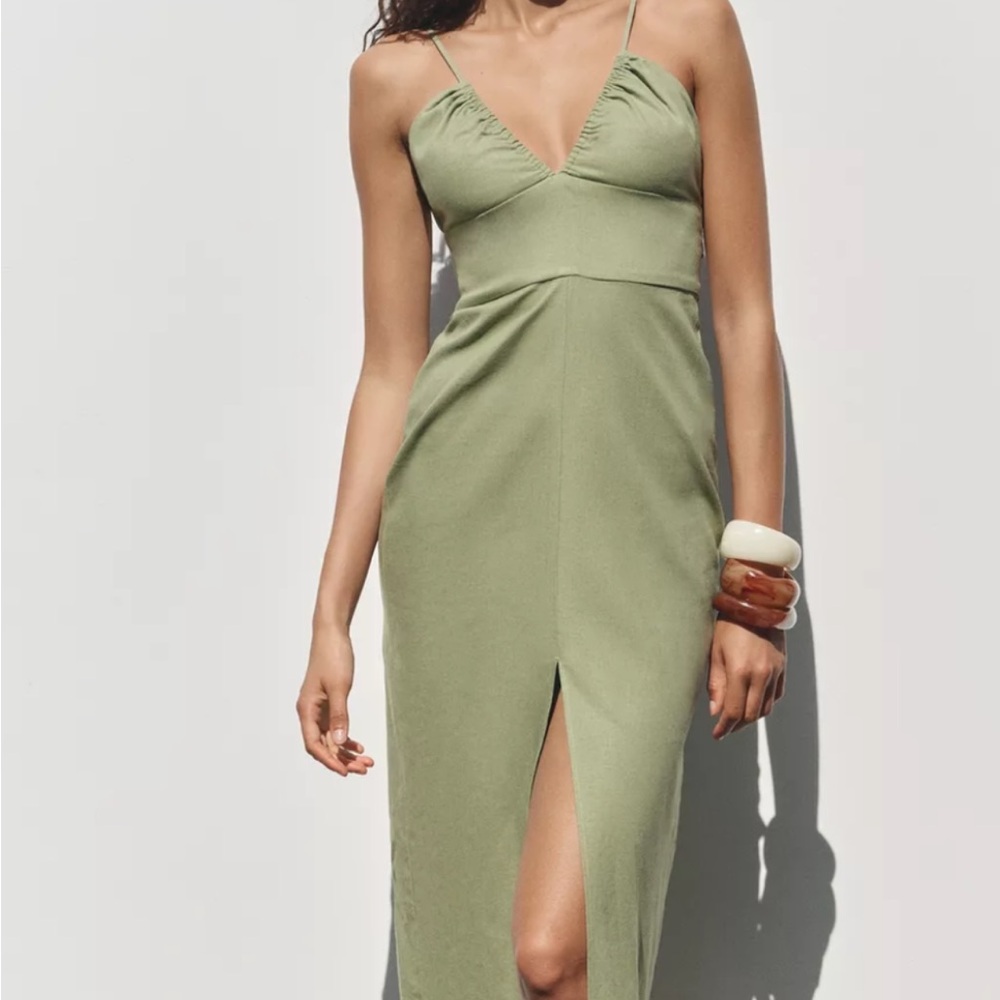Zara Green Linen Midi Dress with Slit and Strappy Back